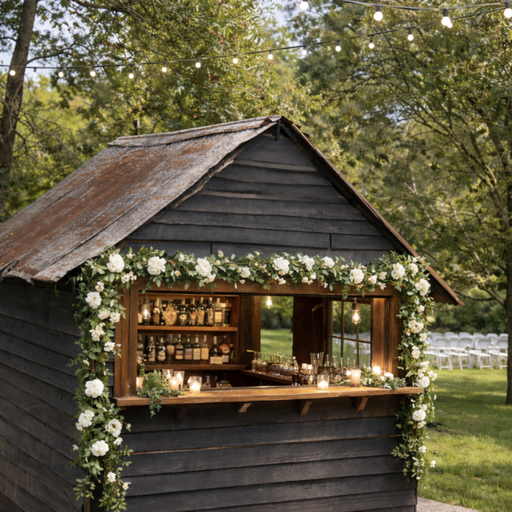 Rustic outdoor bar with floral garland and lights